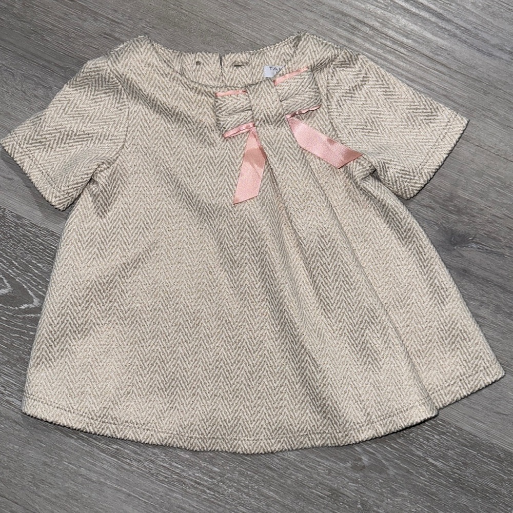 TAHARI Baby Infant Herringbone Grey/Pink Button Short Sleeve Dress US 6-9M.